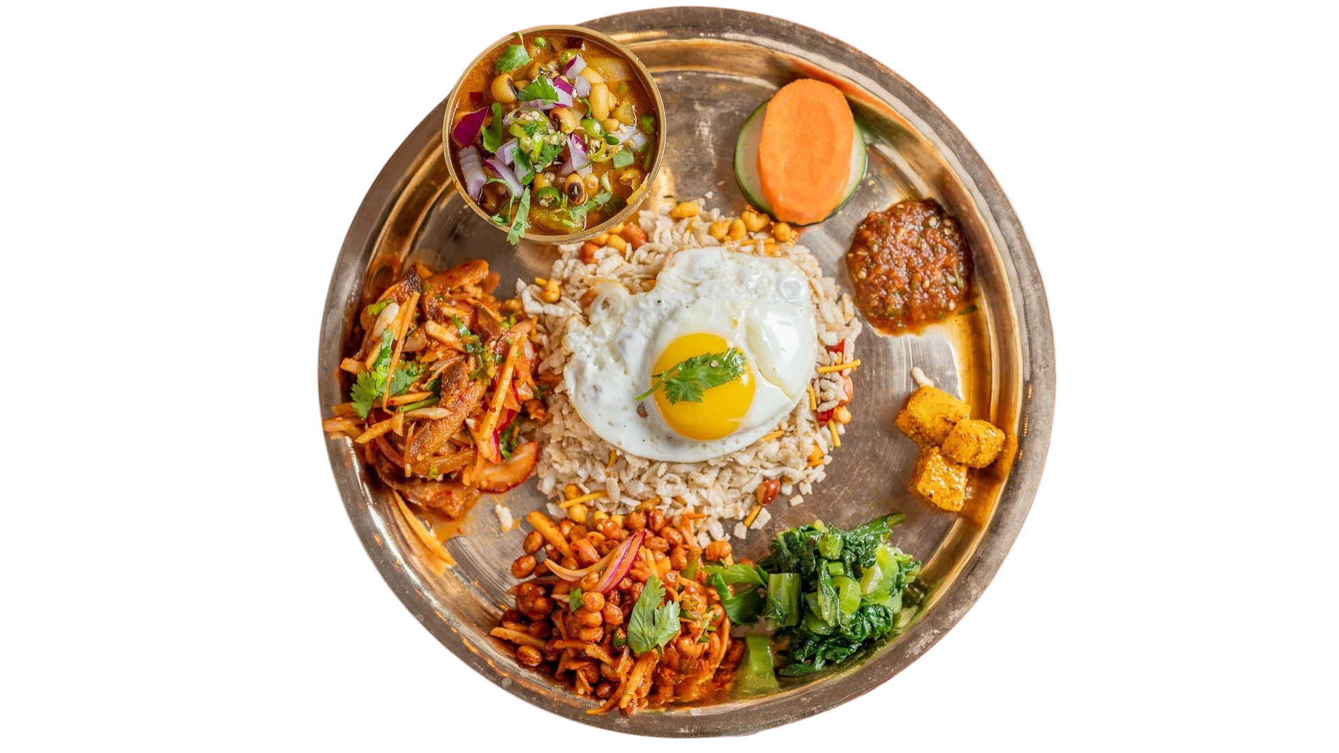 Newari special combined set of various separately prepared foods such as beaten rice, Bhatmas (black soybeans), Choila (Choice), Boiled fried egg, Radish pickle and Aalu Tama.